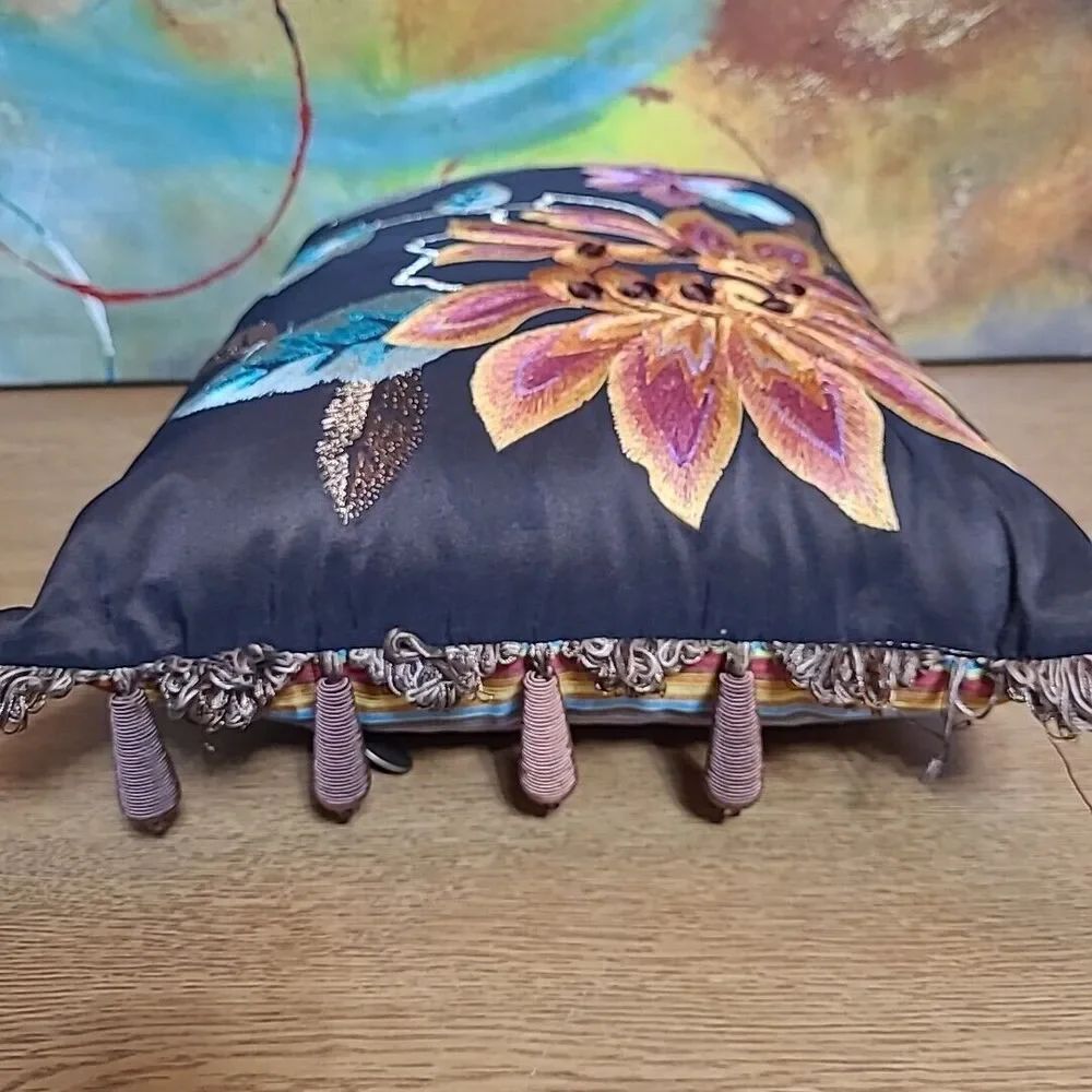 Pier 1 Imports Embroidered Floral Lumbar Pillow Orange Brown Fringe 13x18